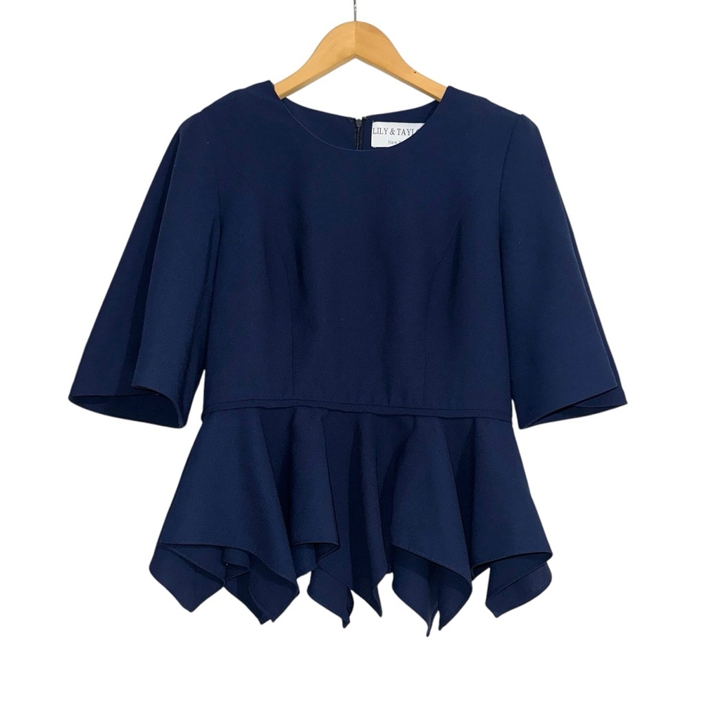 Lily & Taylor Navy Asymmetrical Peplum Hem Blouse 4